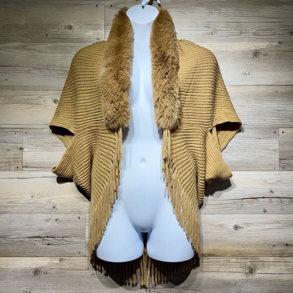 Nanette Lepore Sweater Poncho Faux Fur Trim Fringe Open Front One Size Camel Tan